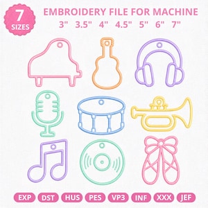 May include: An embroidery file for machine featuring seven sizes from 3" to 7". The design includes pastel-colored outlines of a piano, guitar, headphones, microphone, drum, trumpet, music note, vinyl record, and ballet slippers with file formats listed.