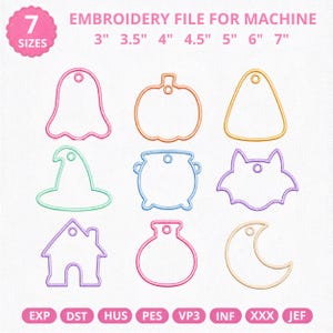 May include: Digital embroidery file for machine featuring 7 sizes from 3" to 7". Includes 9 outline shapes: a ghost, pumpkin, candy corn, witch hat, cauldron, bat, house, potion bottle, and crescent moon. File formats include EXP, DST, HUS, PES, VP3, INF, XXX, and JEF.
