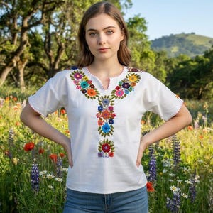 Mexican Manta Blouse with Hand-Embroidered Flowers by Artisans, Ethnic Peasant Shirt 100% Cotton, Handmade Artisan Clothing