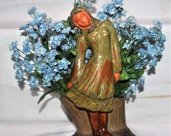 Polomeme Pottery, Iowa Young Maiden Figurative Floral Frog Red Clay Figurine