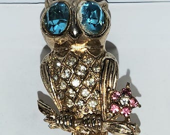 Unsigned Coro Owl Brooch Blue Eyes with Pink Flower 1.5" Long  by .5" Wide Vintage 1960s