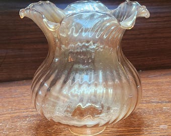 Iridescent Glass Globes, Swirled Texture, Ruffled Edge, Amber Tone 5.75" Tall, 6.875" Bottom Opening 1.625" Fitter, 2 avail, Sold Indiv.