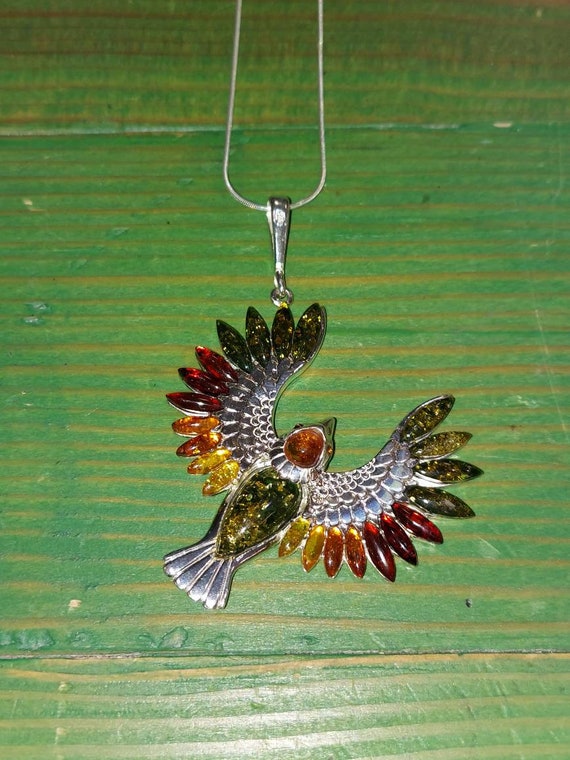 Amber and Sterling Silver Eagle Necklace 18" Chain - image 1