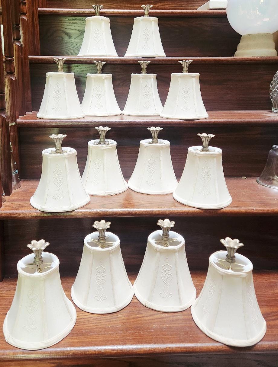 Linen Shades, Embroidered, Candleabra, w/Finial 6" Tall x 6.5" Diameter FOURTEEN Available  Excellent Condition