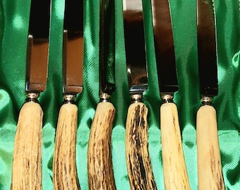 Othello Stag Handled SIX Piece Knife Set in Original, Satin Lined Box MINT Vintage