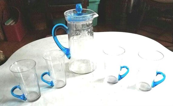 Etched Pitcher With Lid and 4 Glasses Cerulean Blue on Clear - Etsy