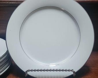 Noritake Derry 10.5" Dinner Plate MCM White with Platinum Verge & Trim, Rim