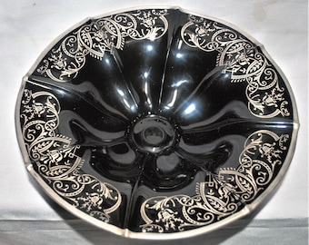 Black, Art Deco, Glass Footed Bowl with Silver Overlay Stunning 11.125" Diameter
