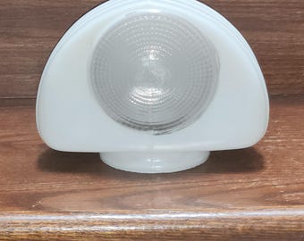 Unusual Shaped, Art Deco Style, Milk Glass Globe with Clear Bullseye Diffuser- 3.25" Fitter Opening, 6.75" Wide, 4.75" Deep, 5" Tall