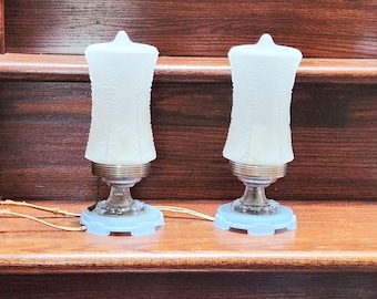 Pair of Art Deco, Glass, Skyscraper Lamps, Frosted Glass Bullet Shades 1930s Excellent Antique Condition Blue Glass Base w Detailing