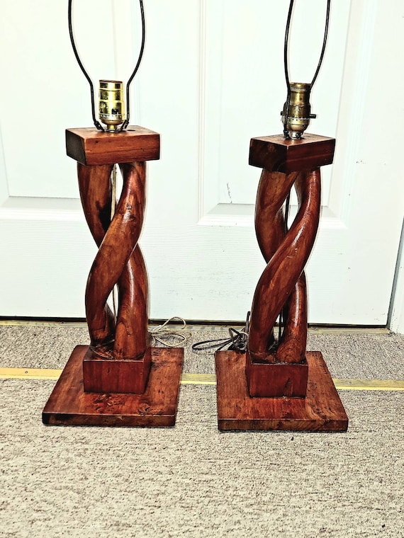 Natural Carved Wood Table Lamps Hand Made Mid Century Modern Two