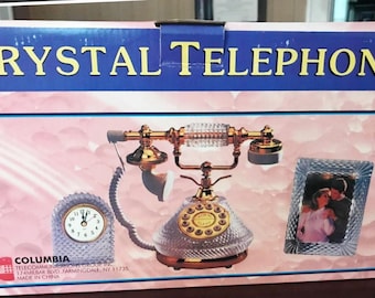 Columbia Telecommunications Crystal Desk Set, Telephone, Clock and Picture Frame CR-34G French Style Goldtone NIB