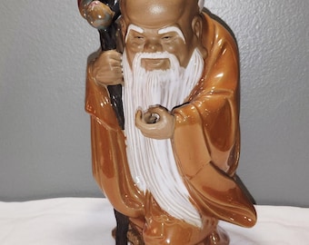Vintage Wanjiang Wucai Porcelain Pottery Figure of Shouxing, Immortal God Of Longevity Mud Man Approximately 9.5" Tall x 5" x 5" Mint