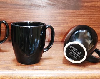 Four Corelle Black Mugs, Stoneware, Mint Condition Coordinates with Many Patterns