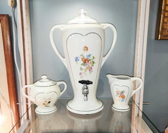 Porcelier Percolator Coffee Maker Serving Urn with Matching Creamer and Sugar - Excellent Working Condition  Beautiful 1930s  Art Deco Style