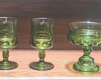 PAIR Indiana Glass King's Crown Thumbprint Green Wine / Water Glasses or ONE Round Compote