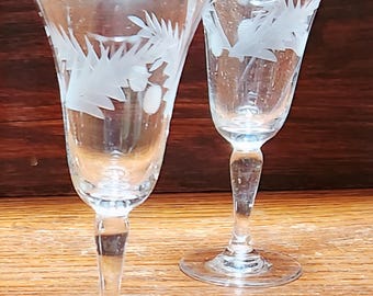 Set of 7 Vintage, Cordial Glasses, Wheel Cut, with Pine Cone and Branch Design e Oz - 5" Tall  with 2-3/8" Opening