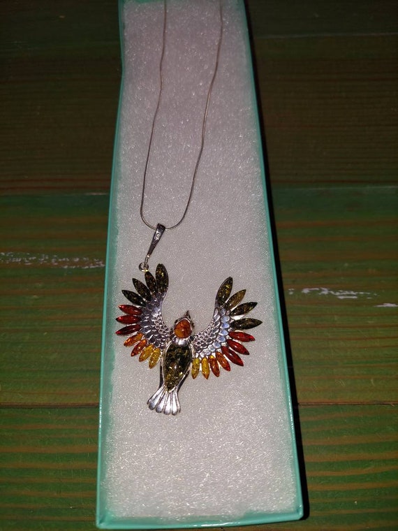 Amber and Sterling Silver Eagle Necklace 18" Chain - image 4