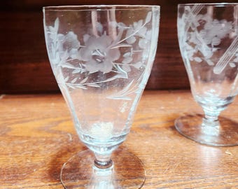 Set of 8 Vintage, Water or Iced Tea Glasses, Wheel Cut, Paneled with Flowers and Vine Design 8 Oz - 5" Tall  with 3" Opening