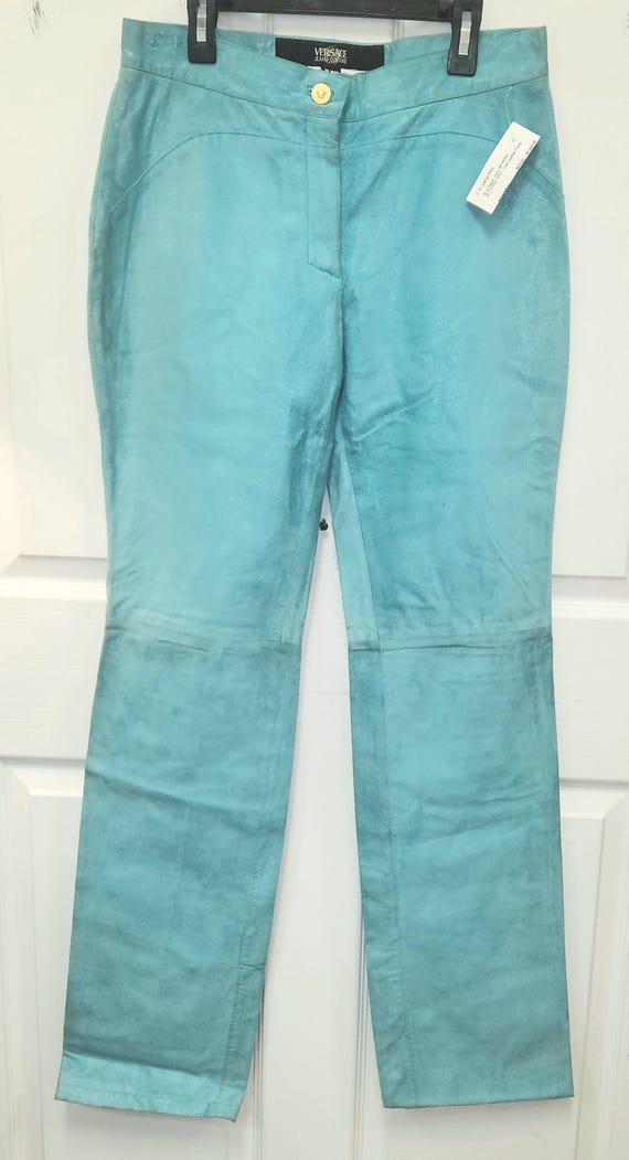 1980s Versace Leather Pants in Turquoise, Lined, 30