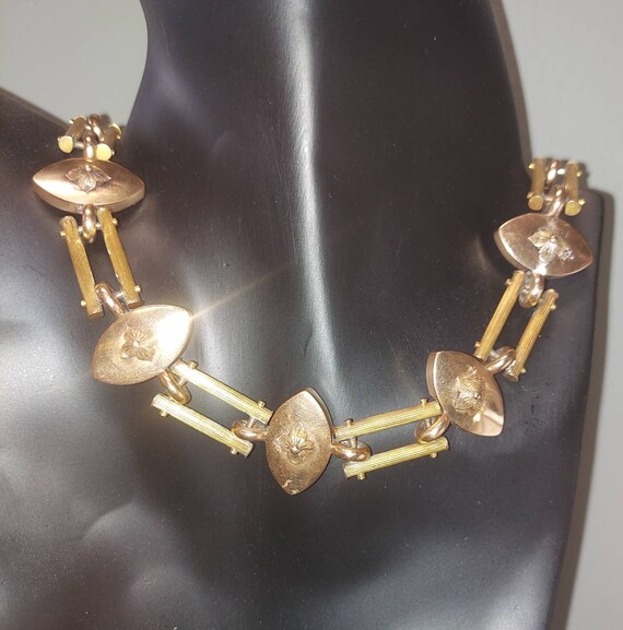 Articulated Brass Necklace 3D Flowers on Diamond … - image 2
