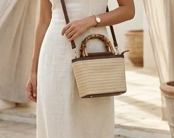 Handwoven Straw Bucket Bag, Wooden Handle Handbag, Boho Crossbody Purse, Summer Beach Shoulder Bag