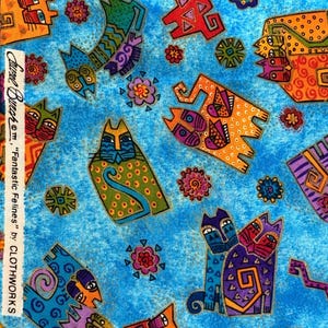 May include: Fabric with a repeating pattern of stylized cats in various colors, including orange, red, blue, and green, on a light blue background. The design also features floral and geometric shapes.