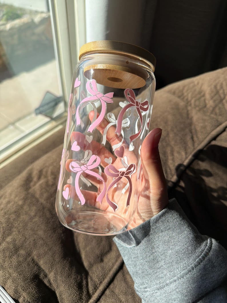 Pink Bow Glass Cup With Bamboo Lid & Glass Straw | 16 Oz Iced Coffee ...