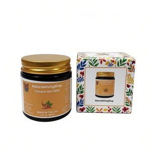May include: A black jar with a gold lid labeled NaturalelivingShop Turmeric Skin Balm, 3 FL OZ / 88 ML, next to a square box featuring a colorful botanical pattern, a picture of the jar, and the text NaturalelivingShop on a white background.