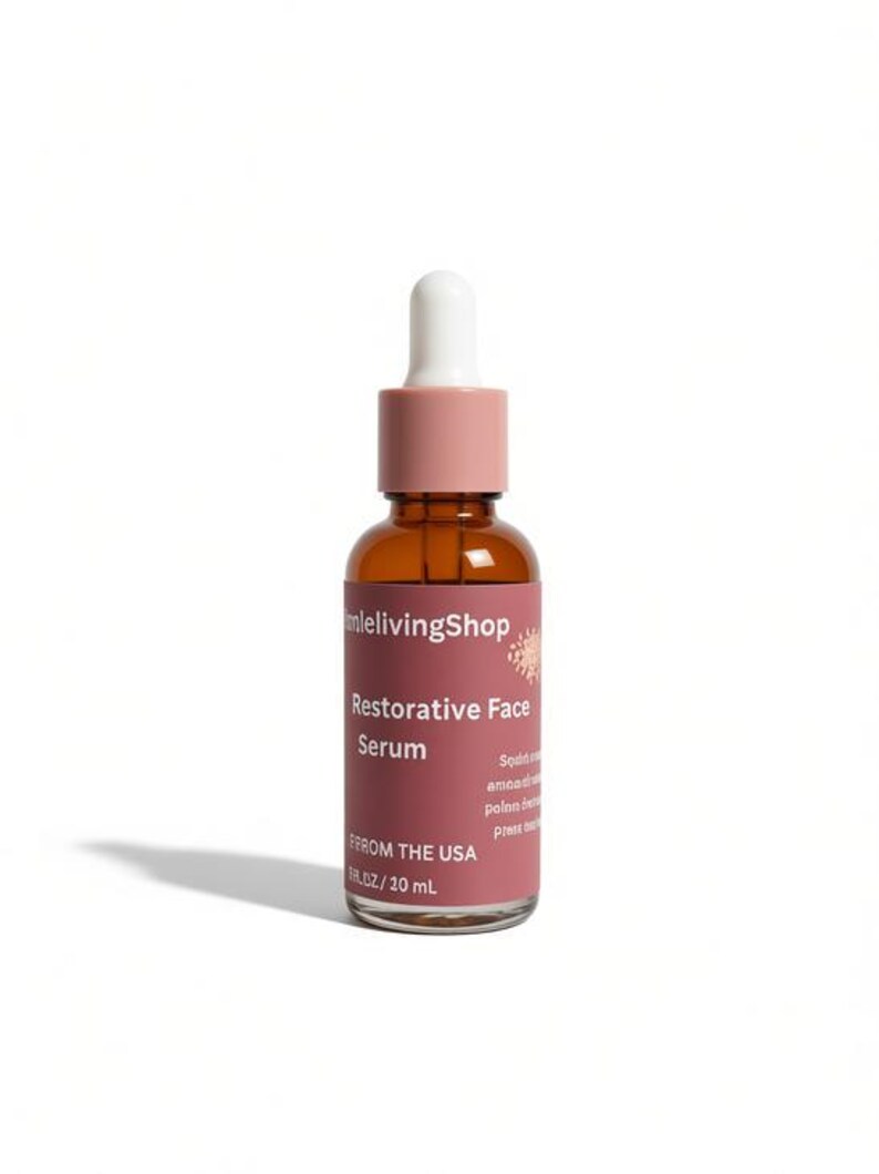 May include: A brown glass bottle of Restorative Face Serum with a white dropper and a pink cap. The label is a dark pink color and has the text "mlelivingShop", "Restorative Face Serum", and "FROM THE USA". The bottle contains 1 fl oz / 10 mL.