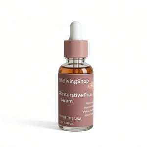 May include: A clear glass bottle with a dropper, filled with a brown liquid. The bottle has a pink label with the text "thelivingshop | Restorative Faun Serum". The dropper top is white and pink. The bottle is labeled "Fanur The USA CBD / 30 oil".