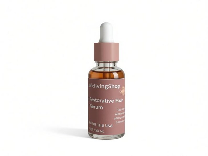 May include: A clear glass bottle with a dropper, filled with a brown liquid. The bottle has a pink label with the text "thelivingshop | Restorative Faun Serum". The dropper top is white and pink. The bottle is labeled "Fanur The USA CBD / 30 oil".