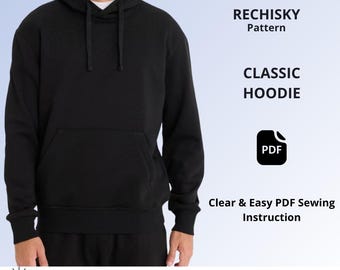 Classic Hoodie Sewing Pattern PDF, Unisex Hooded Sweatshirt, Kangaroo Pocket