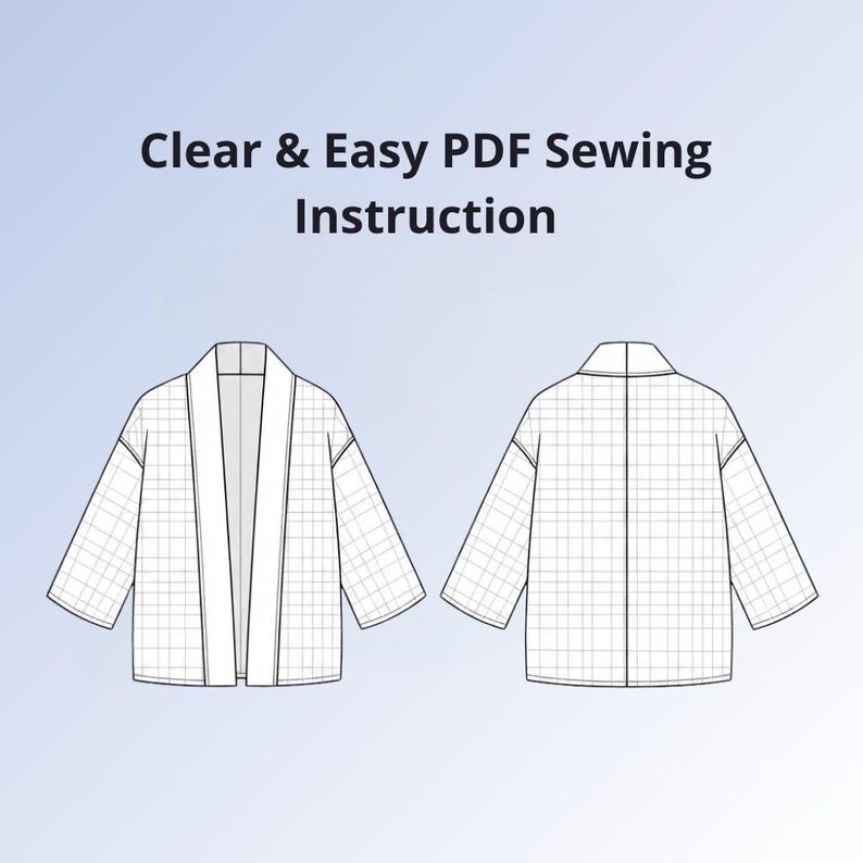 May include: A digital illustration of a jacket pattern featuring the text Clear & Easy PDF Sewing Instruction. The graphic displays the front and back views of a loose-fitting garment with a wide collar and grid lines on a light blue background.