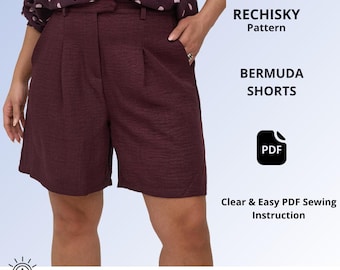Women's Bermuda Shorts Sewing Pattern PDF, High Waist Shorts Pattern, Loose Fit Shorts with Pockets, Digital Download