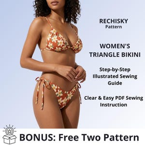 May include: A two-piece bikini with a rust-orange base and white daisy floral print. The top features triangle cups and thin straps. The bottom has side-tie closures. Text reads: RECHISKY Pattern, WOMEN'S TRIANGLE BIKINI, Step-by-Step Illustrated Sewing Guide, Clear & Easy PDF Sewing Instruction, BONUS: Free Two Pattern.