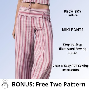 May include: Wide-leg pants featuring a vertical striped pattern in shades of red, pink, and white. The pants have a fold-over waistband with a drawstring tie. Text reads: RECHISKY Pattern, NIKI PANTS, Step-by-Step Illustrated Sewing Guide, Clear & Easy PDF Sewing Instruction, BONUS: Free Two Pattern.