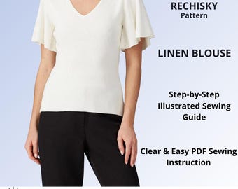 Linen Flared Sleeve Blouse Sewing Pattern PDF, Women Wide V Neck Top Digital Pattern, Fluted Sleeve Shirt Tutorial, Multi-size