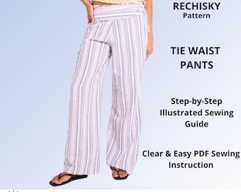 Low Waist Pants Sewing Pattern PDF, Wide Leg Trousers Pattern, Pleated Pants Pattern for Women, Tie Waist Trousers, Digital PDF