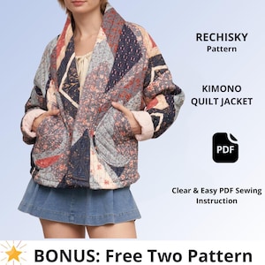 May include: A quilted kimono jacket featuring the RECHISKY Pattern with a patchwork design in shades of blue, red, and cream. The jacket has long sleeves, a shawl collar, and two front pockets. Text includes RECHISKY Pattern, KIMONO QUILT JACKET, PDF, Clear & Easy PDF Sewing Instruction, and BONUS: Free Two Pattern.