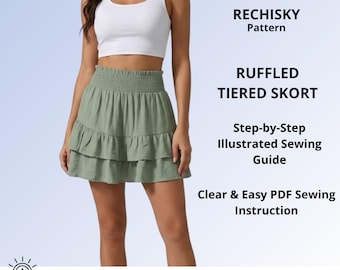 Ruffled Tiered Skort Sewing Pattern PDF, Y2K Mini Skirt with Shorts, Flared Tennis Skort, Women's High Waisted Skirt
