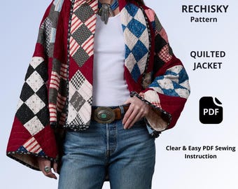 Patchwork Quilt Jacket Sewing Pattern PDF, Kimono Coat Pattern, Quilted Jacket, Digital Sewing Pattern, XS-2X