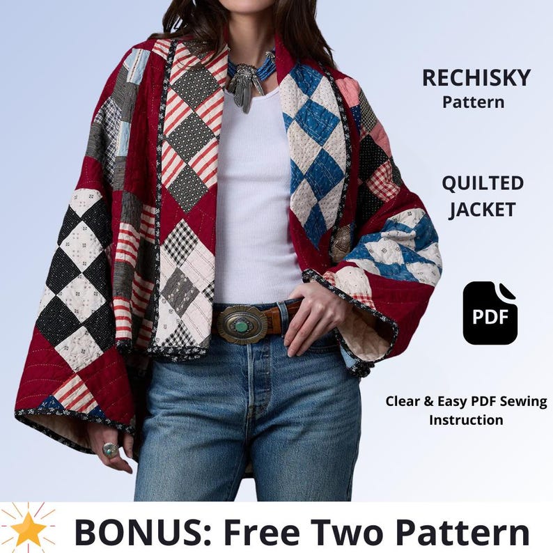 May include: A quilted jacket featuring a patchwork design with red, blue, black, and white diamond-shaped fabric segments. The text RECHISKY Pattern, QUILTED JACKET, PDF, and Clear & Easy PDF Sewing Instruction are visible alongside the garment.