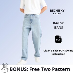 May include: Light blue baggy jeans with a white t-shirt. Text reads: RECHISKY Pattern, BAGGY JEANS, PDF, Clear & Easy PDF Sewing Instruction, BONUS: Free Two Pattern. The jeans feature a high-waisted fit with a classic five-pocket design and straight legs.