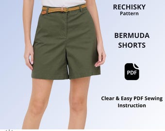Tailored Bermuda Shorts Sewing Pattern PDF, High Waist Shorts, Loose Fit Summer Shorts, Printable Pattern