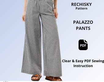 Wide Leg Pants Sewing Pattern PDF for Women, Elastic Waist Palazzo Pants, Casual Trousers Pattern, A4 A0 US Letter, EU 32-54