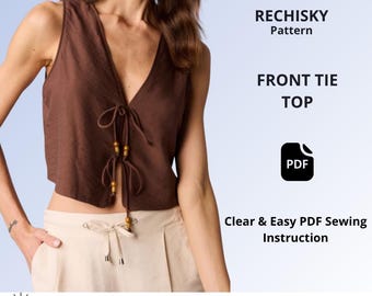 Cropped Tie Front Vest Sewing Pattern PDF, Women's Summer Top Pattern, Sleeveless Blouse Sewing Pattern, Loose Fit Vest, XXS-XXXL