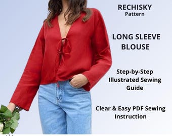 Tie Front Blouse Sewing Pattern PDF, Women's Long Sleeve Top Pattern, V Neck Tie Closure Shirt, Layered Sizes XXS-XL, A4US LetterA0