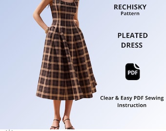 Midi Dress Sewing Pattern PDF for Women, Sleeveless Fitted Dress, Pleated Waist, Pocket Dress, Digital Pattern