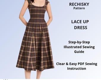 Midi Dress Sewing Pattern PDF, Lace Up Romantic Dress Pattern,  XS-XXL